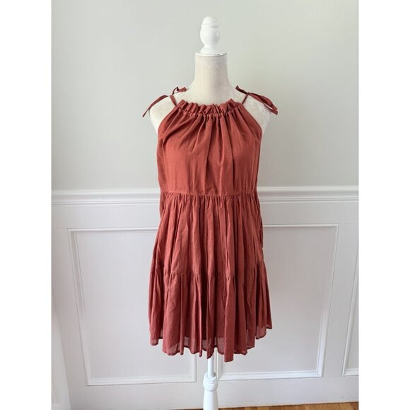 J. Crew Tie Shoulder Tiered Mini Dress XS Burnt Orange Cotton Blend - Picture 7 of 7